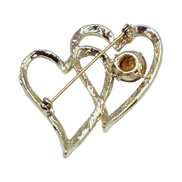 Vintage Red Crystal Double Heart Brooch 2" Valentine Love Silver Tone - Picture 5 of 15